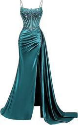 Emerald Green Beaded Spaghetti Strap Mermaid Evening Gown | Esmera Collection 14