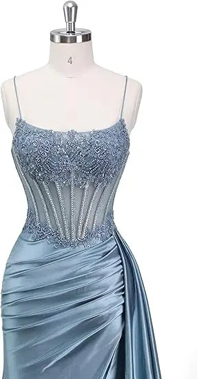 Emerald Green Beaded Spaghetti Strap Mermaid Evening Gown | Esmera Collection 3