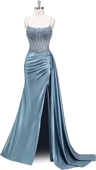 Emerald Green Beaded Spaghetti Strap Mermaid Evening Gown | Esmera Collection 4