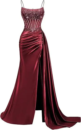 Emerald Green Beaded Spaghetti Strap Mermaid Evening Gown | Esmera Collection 5