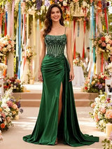 Emerald Green Beaded Spaghetti Strap Mermaid Evening Gown | Esmera Collection 6