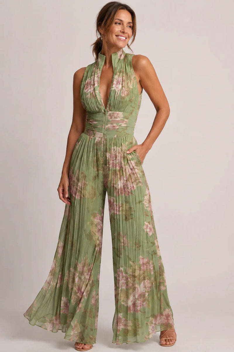 Floral Chiffon V-Neck Sleeveless Wide-Leg Jumpsuit for Parties | Sylvie Collection 0