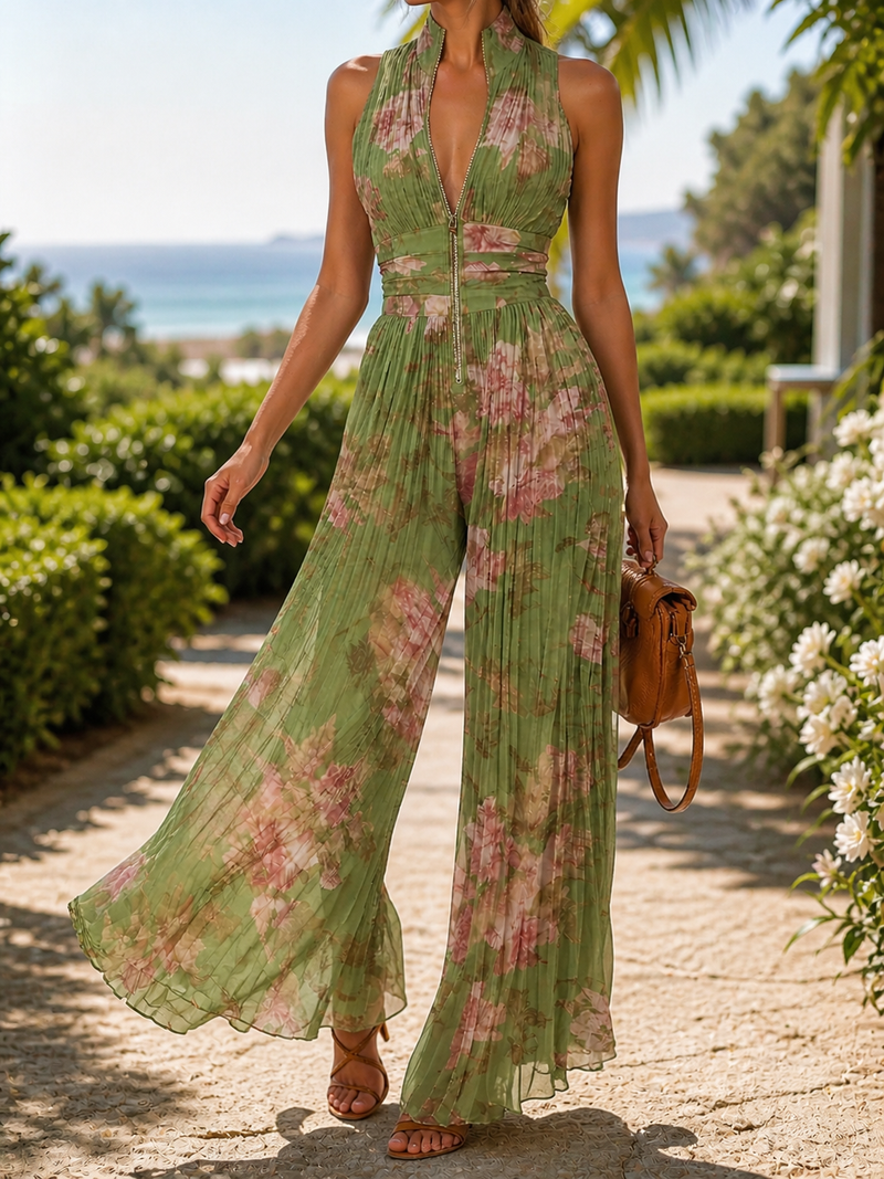 Floral Chiffon V-Neck Sleeveless Wide-Leg Jumpsuit for Parties | Sylvie Collection 1