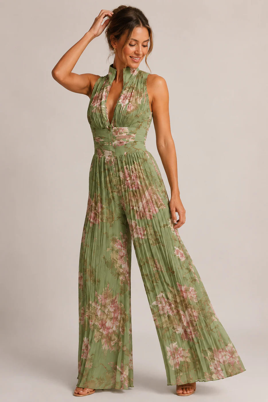 Floral Chiffon V-Neck Sleeveless Wide-Leg Jumpsuit for Parties | Sylvie Collection 5