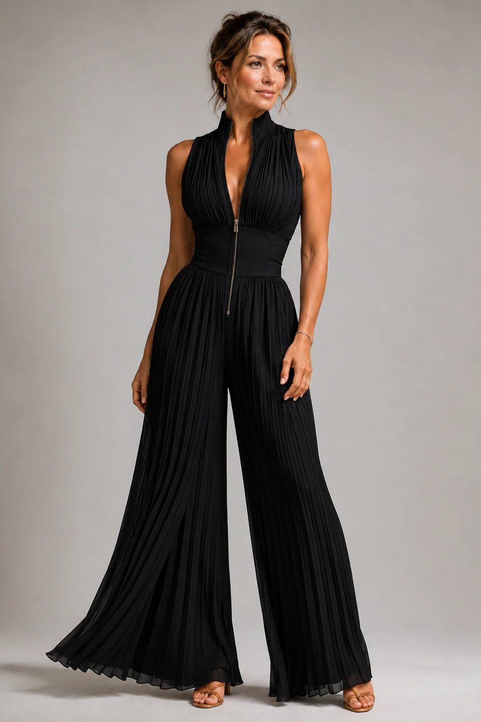 Floral Chiffon V-Neck Sleeveless Wide-Leg Jumpsuit for Parties | Sylvie Collection 8