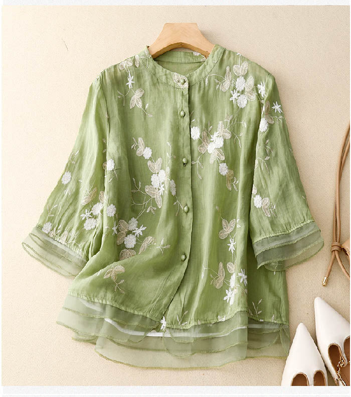 Floral Embroidered Round Neck Short Sleeve Relaxed Blouse | Roselia Collection 0