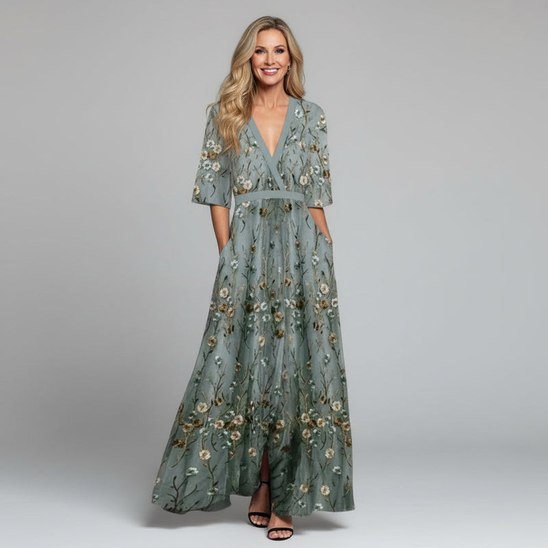 Floral Embroidered V-Neck Short Sleeve Flowing Maxi Dress | Finesse Collection 0