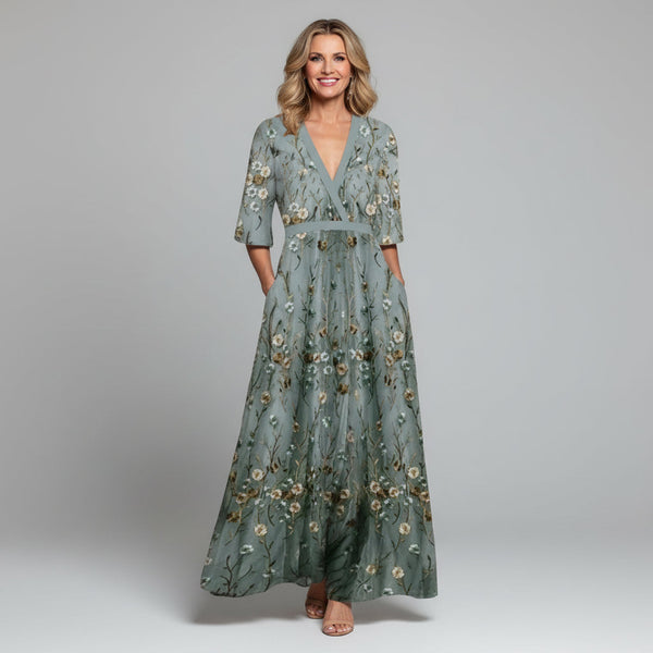 Floral Embroidered V-Neck Short Sleeve Flowing Maxi Dress | Finesse Collection 1