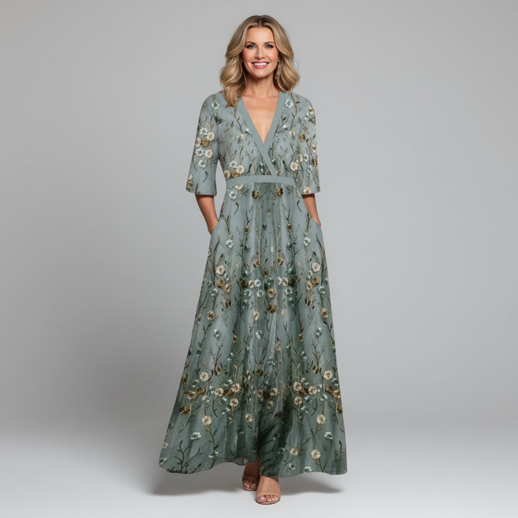 Floral Embroidered V-Neck Short Sleeve Flowing Maxi Dress | Finesse Collection 1