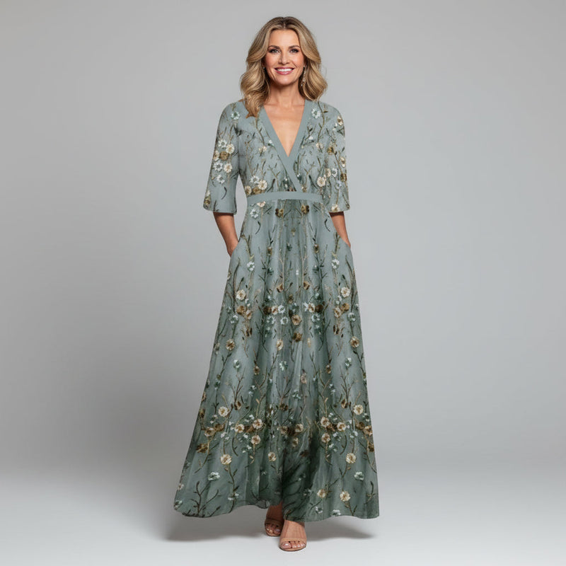 Floral Embroidered V-Neck Short Sleeve Flowing Maxi Dress | Finesse Collection 1