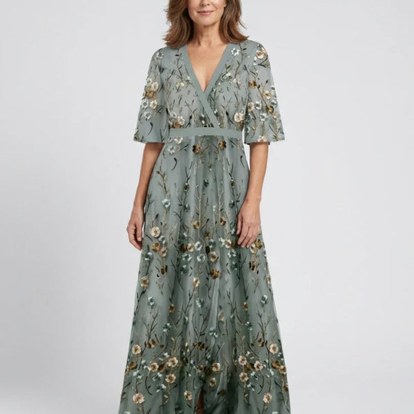 Floral Embroidered V-Neck Short Sleeve Flowing Maxi Dress | Finesse Collection 2