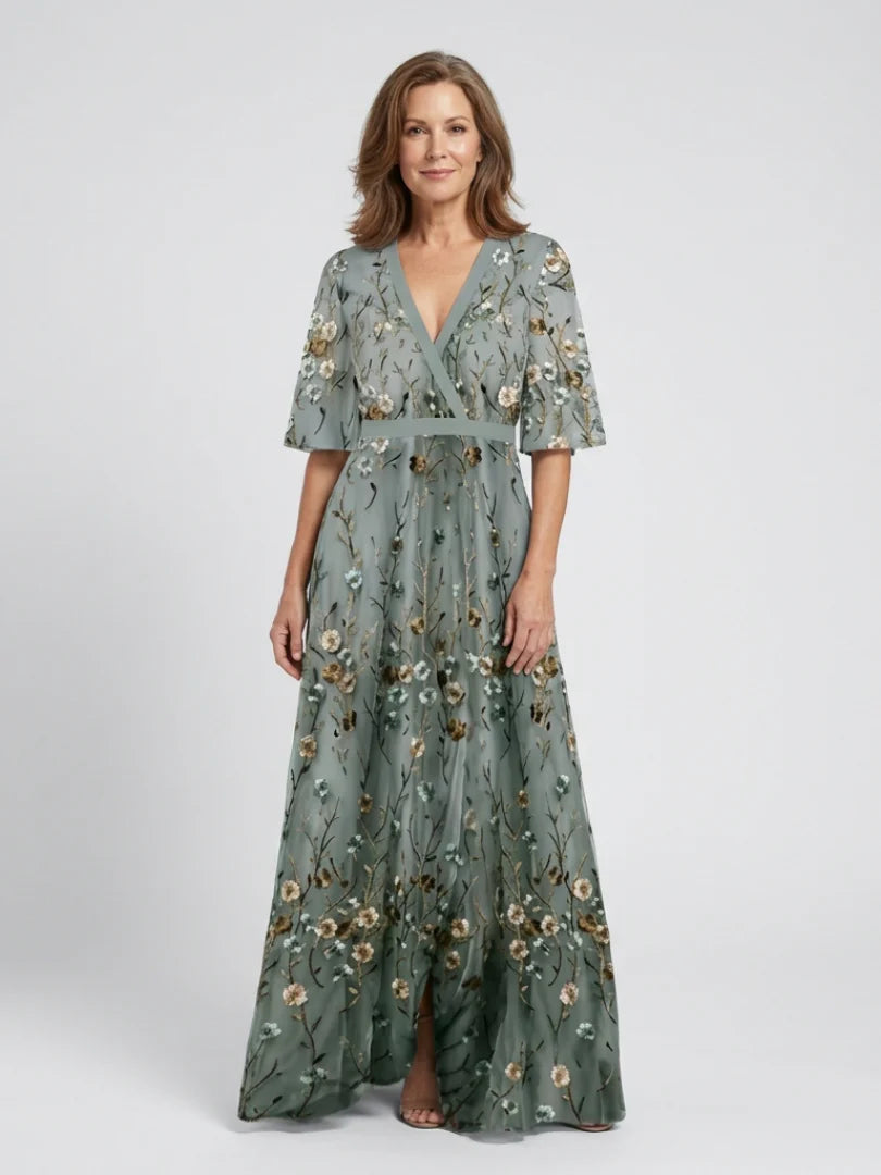 Floral Embroidered V-Neck Short Sleeve Flowing Maxi Dress | Finesse Collection 2