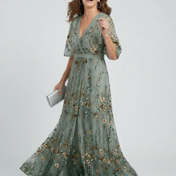 Floral Embroidered V-Neck Short Sleeve Flowing Maxi Dress | Finesse Collection 3