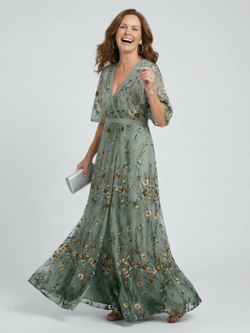 Floral Embroidered V-Neck Short Sleeve Flowing Maxi Dress | Finesse Collection 3