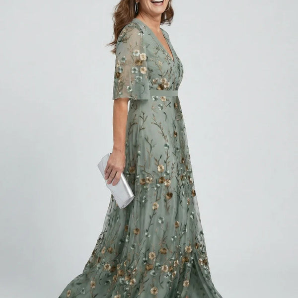 Floral Embroidered V-Neck Short Sleeve Flowing Maxi Dress | Finesse Collection 4