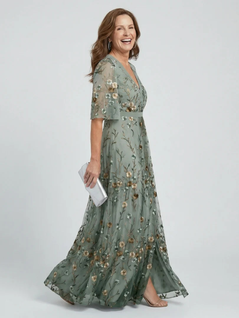 Floral Embroidered V-Neck Short Sleeve Flowing Maxi Dress | Finesse Collection 4