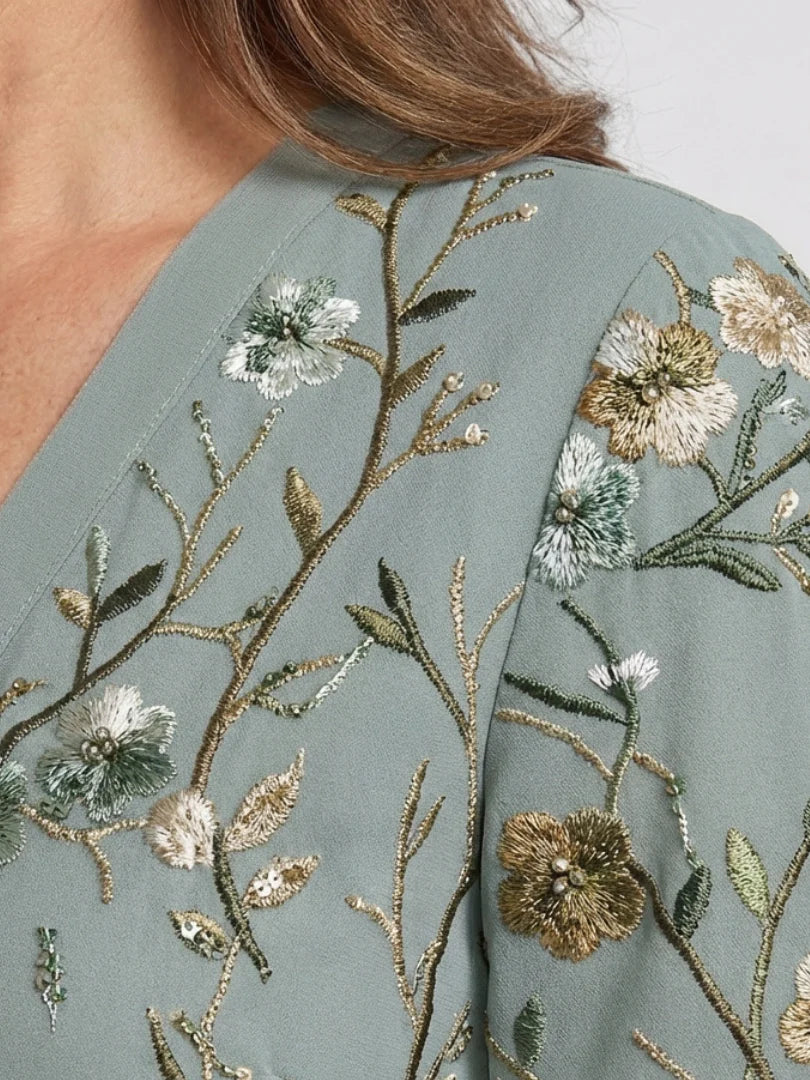 Floral Embroidered V-Neck Short Sleeve Flowing Maxi Dress | Finesse Collection 6
