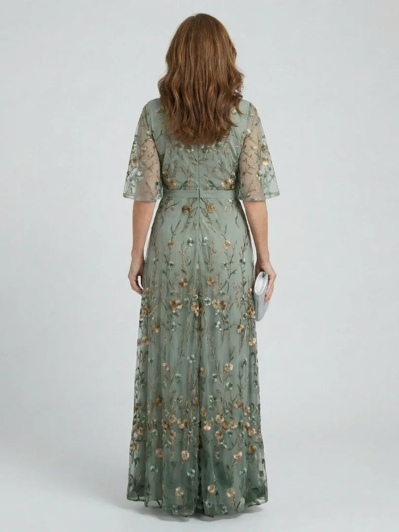 Floral Embroidered V-Neck Short Sleeve Flowing Maxi Dress | Finesse Collection 7