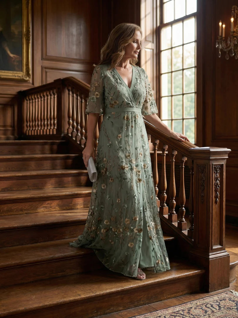 Floral Embroidered V-Neck Short Sleeve Flowing Maxi Dress | Finesse Collection 8