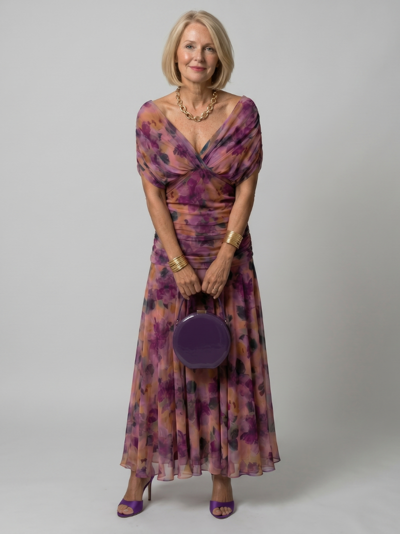Floral Off-Shoulder Draped Neckline Flared Midi Dress | Opaline Collection 0