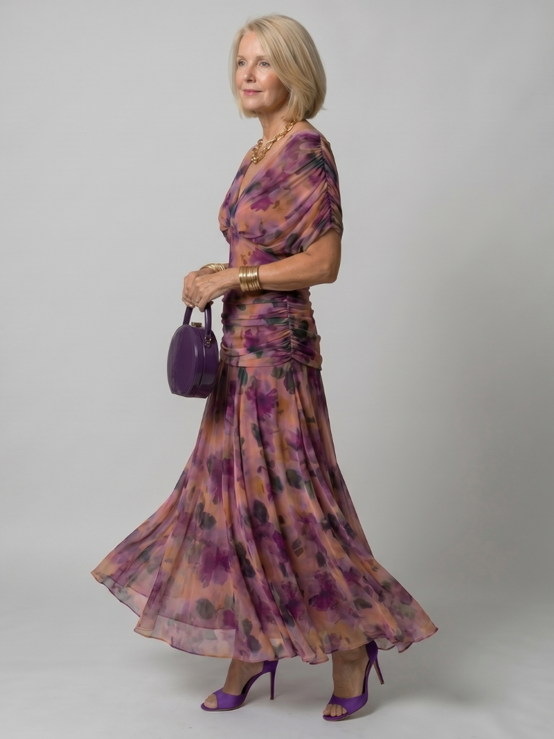 Floral Off-Shoulder Draped Neckline Flared Midi Dress | Opaline Collection 1