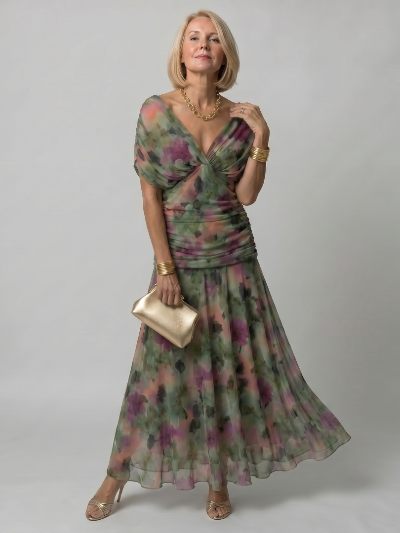 Floral Off-Shoulder Draped Neckline Flared Midi Dress | Opaline Collection 10