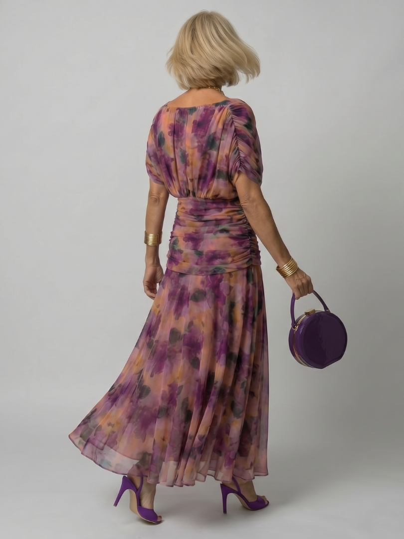 Floral Off-Shoulder Draped Neckline Flared Midi Dress | Opaline Collection 3