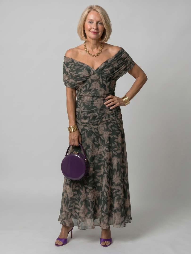 Floral Off-Shoulder Draped Neckline Flared Midi Dress | Opaline Collection 4