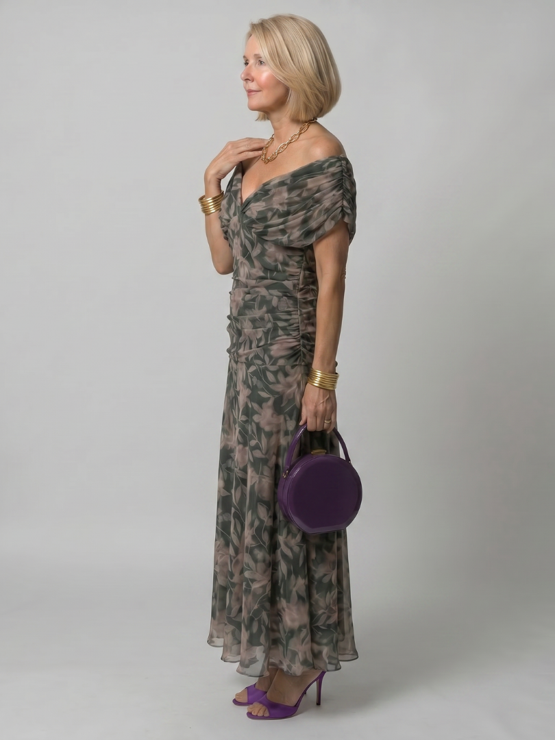 Floral Off-Shoulder Draped Neckline Flared Midi Dress | Opaline Collection 5