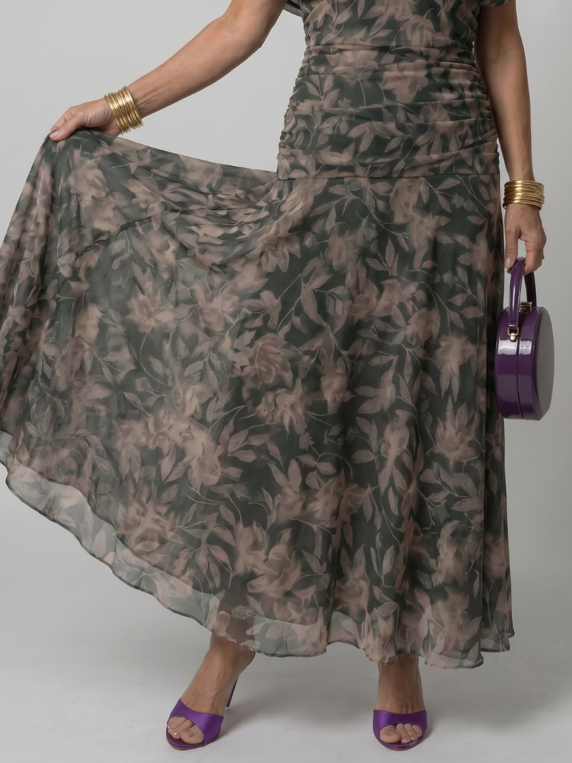Floral Off-Shoulder Draped Neckline Flared Midi Dress | Opaline Collection 6