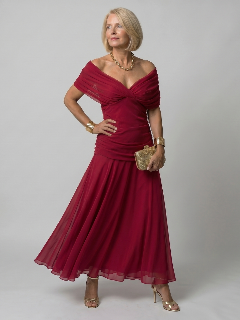 Floral Off-Shoulder Draped Neckline Flared Midi Dress | Opaline Collection 7