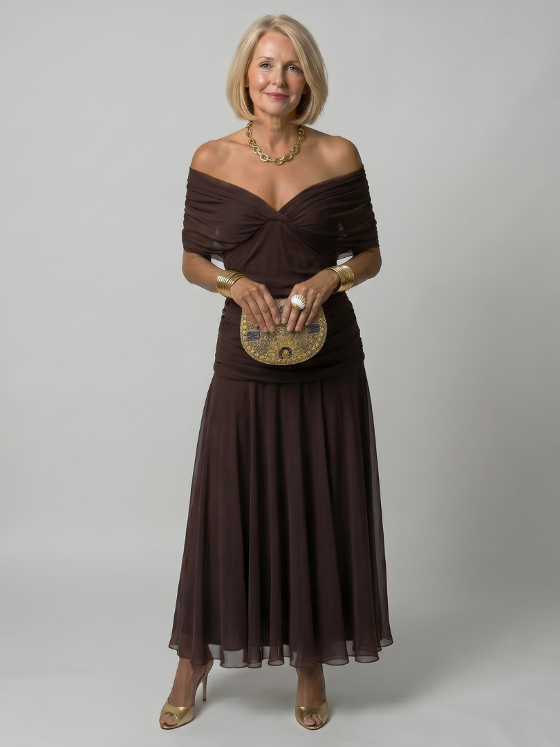 Floral Off-Shoulder Draped Neckline Flared Midi Dress | Opaline Collection 9