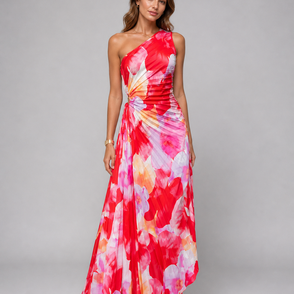 Floral Pleated One-Shoulder Maxi Wedding Guest Dress | Willow Collection 0