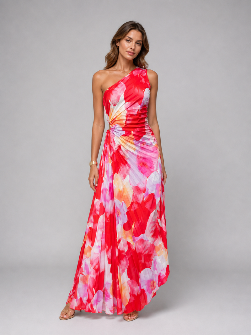 Floral Pleated One-Shoulder Maxi Wedding Guest Dress | Willow Collection 0