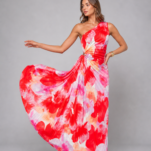 Floral Pleated One-Shoulder Maxi Wedding Guest Dress | Willow Collection 3