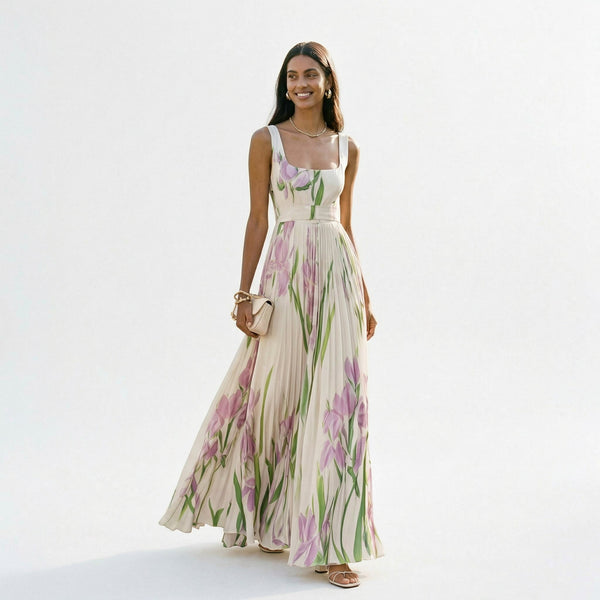 Floral Pleated Sleeveless Square Neck A-Line Maxi Dress Wedding Guest | Willow Collection 0