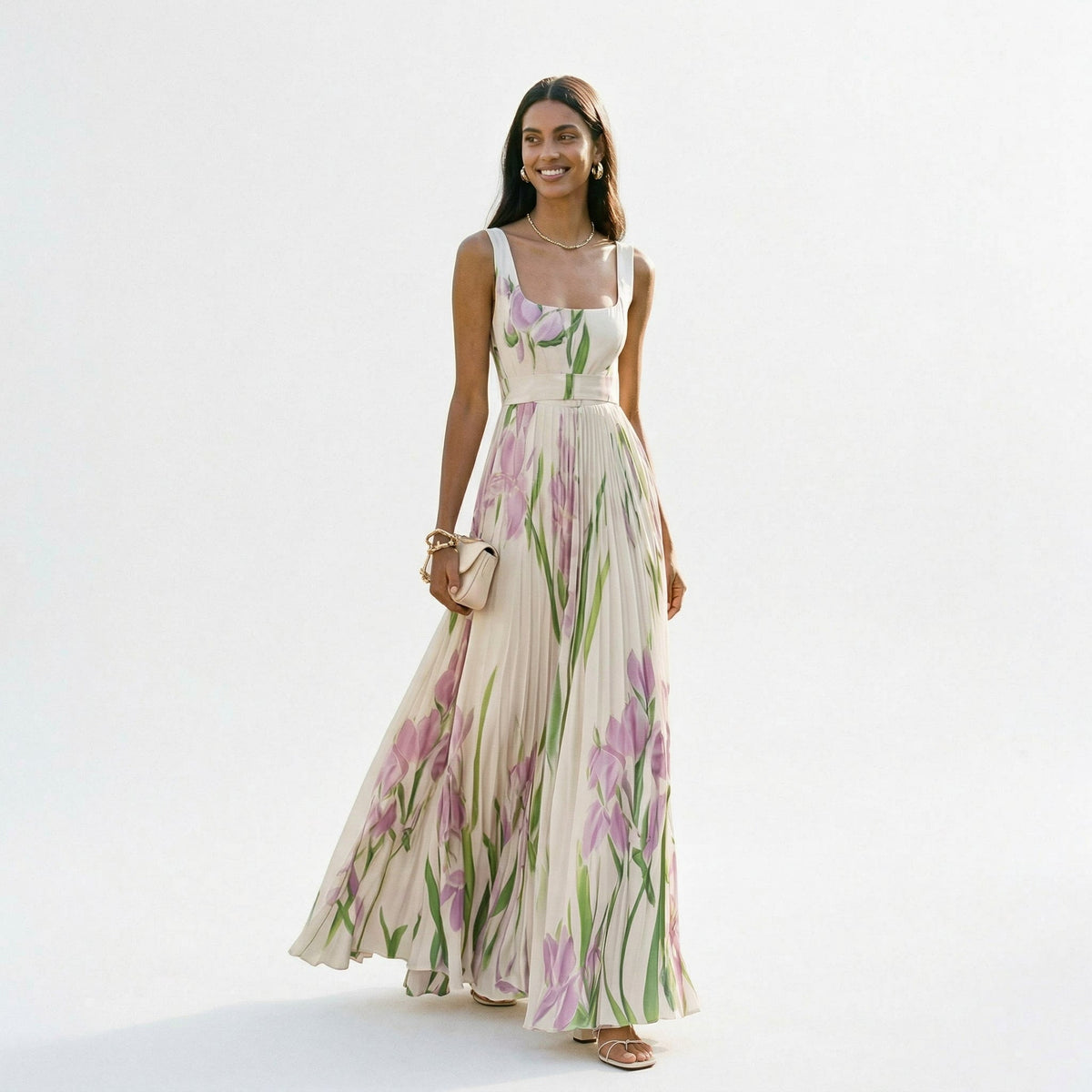 Floral Pleated Sleeveless Square Neck A-Line Maxi Dress Wedding Guest | Willow Collection 0