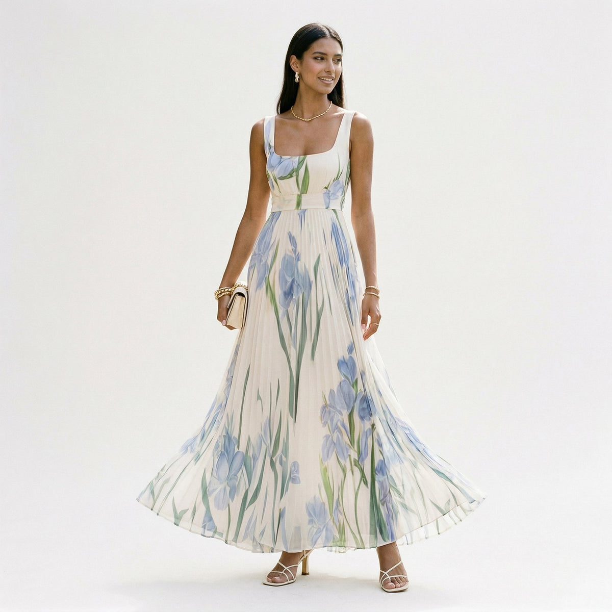 Floral Pleated Sleeveless Square Neck A-Line Maxi Dress Wedding Guest | Willow Collection 2