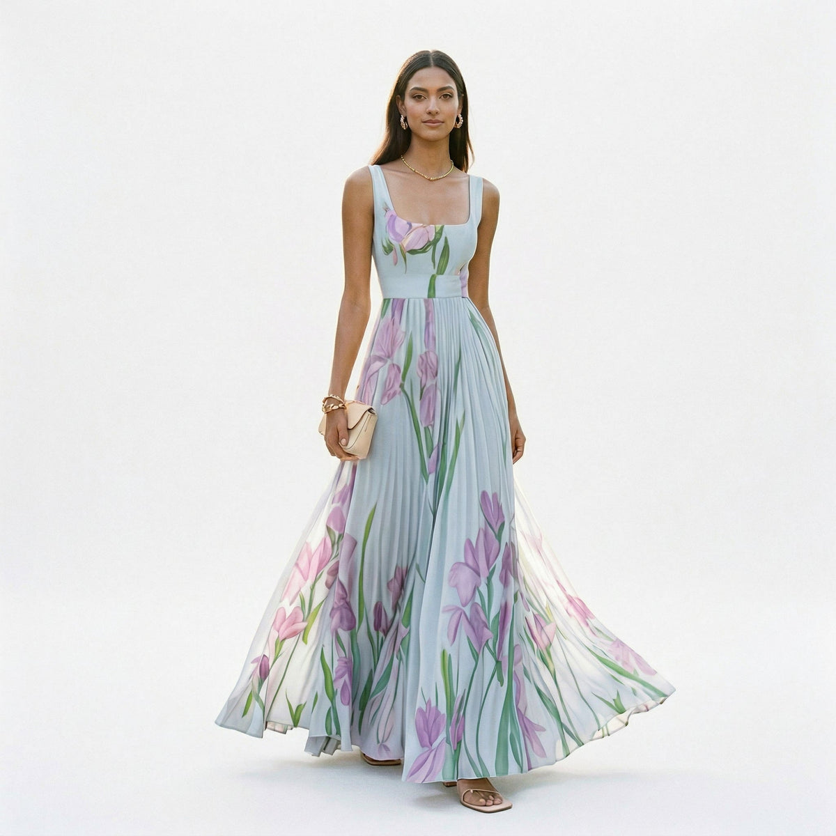 Floral Pleated Sleeveless Square Neck A-Line Maxi Dress Wedding Guest | Willow Collection 3