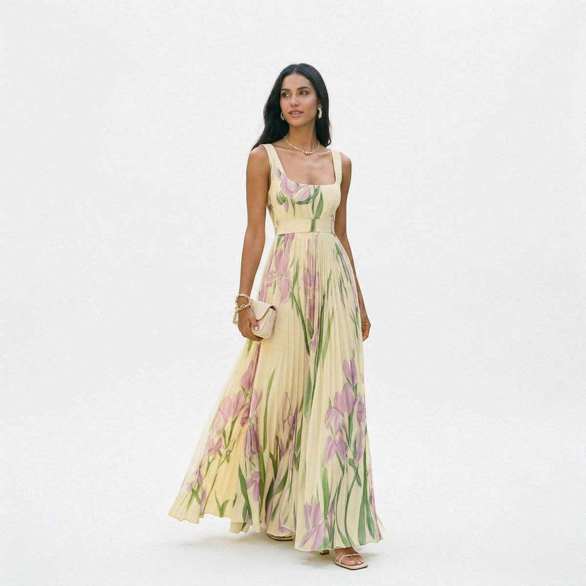 Floral Pleated Sleeveless Square Neck A-Line Maxi Dress Wedding Guest | Willow Collection 4