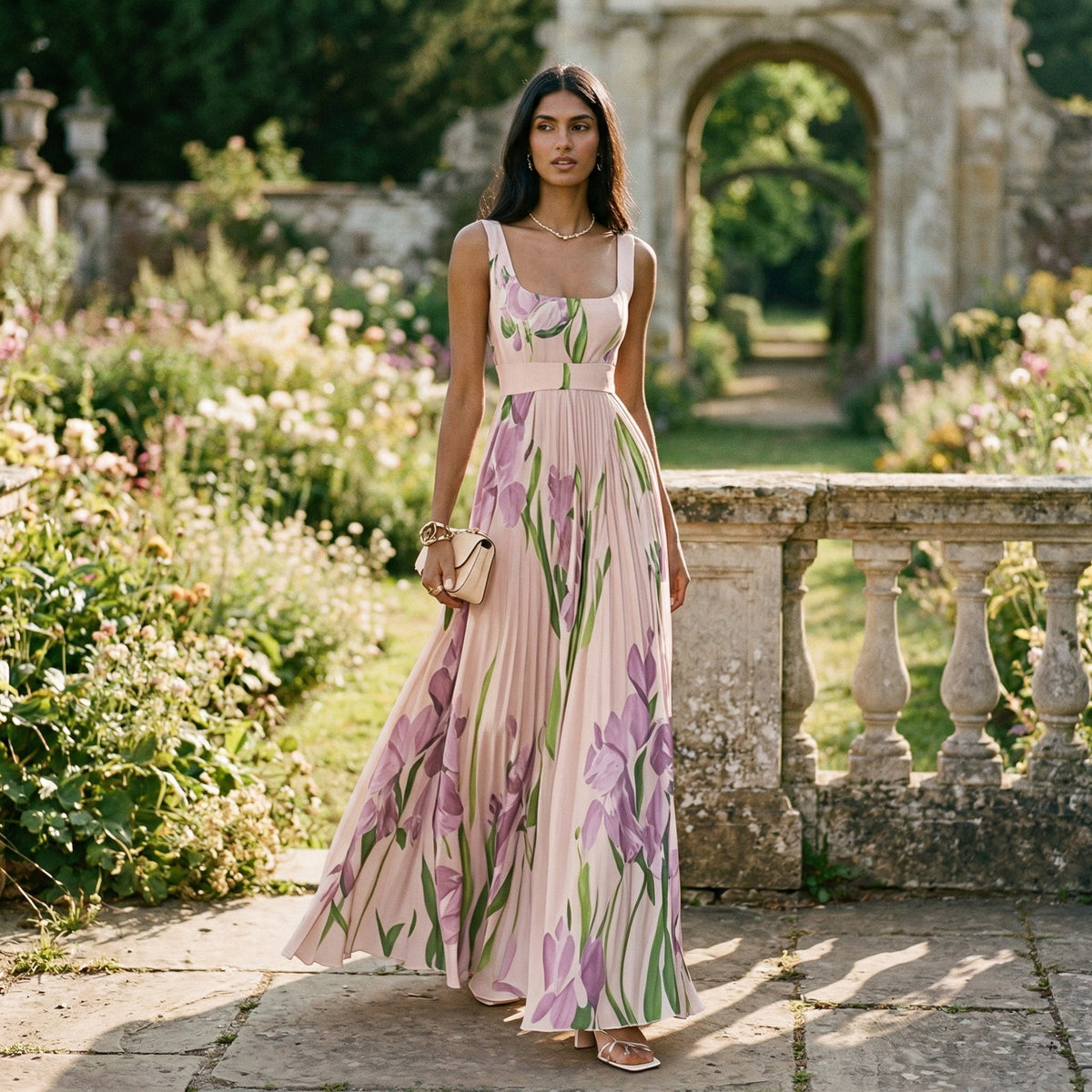 Floral Pleated Sleeveless Square Neck A-Line Maxi Dress Wedding Guest | Willow Collection 6