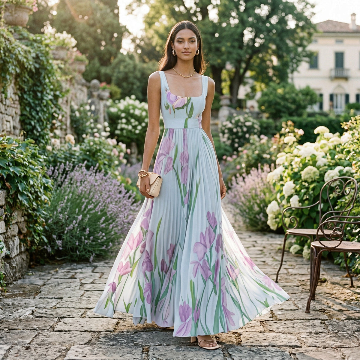 Floral Pleated Sleeveless Square Neck A-Line Maxi Dress Wedding Guest | Willow Collection 8