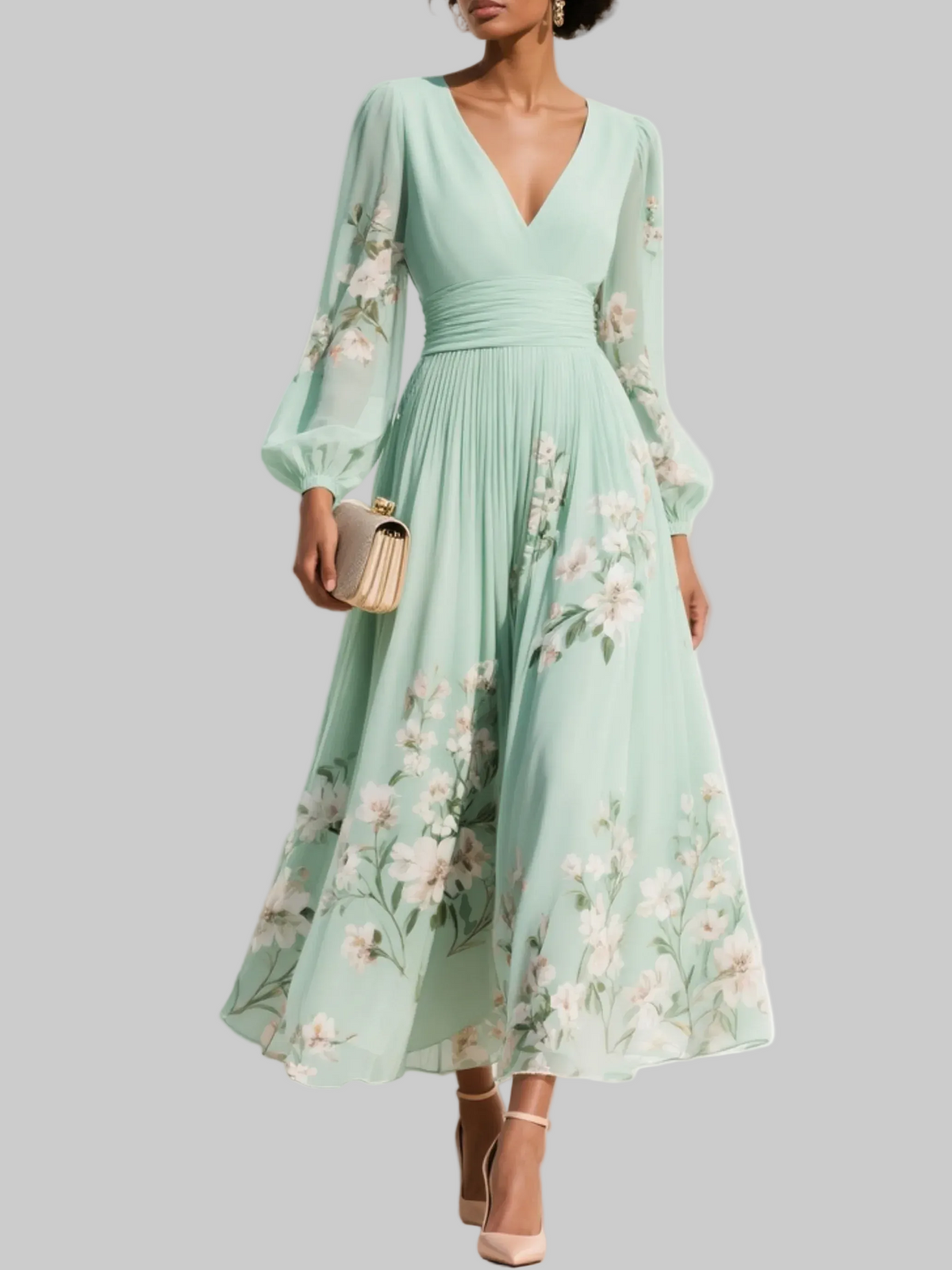 Floral Pleated V-Neck Long Sleeve Midi Wedding Guest Dress | Willow Collection 0