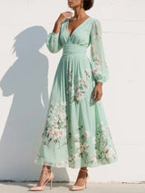 Floral Pleated V-Neck Long Sleeve Midi Wedding Guest Dress | Willow Collection 1