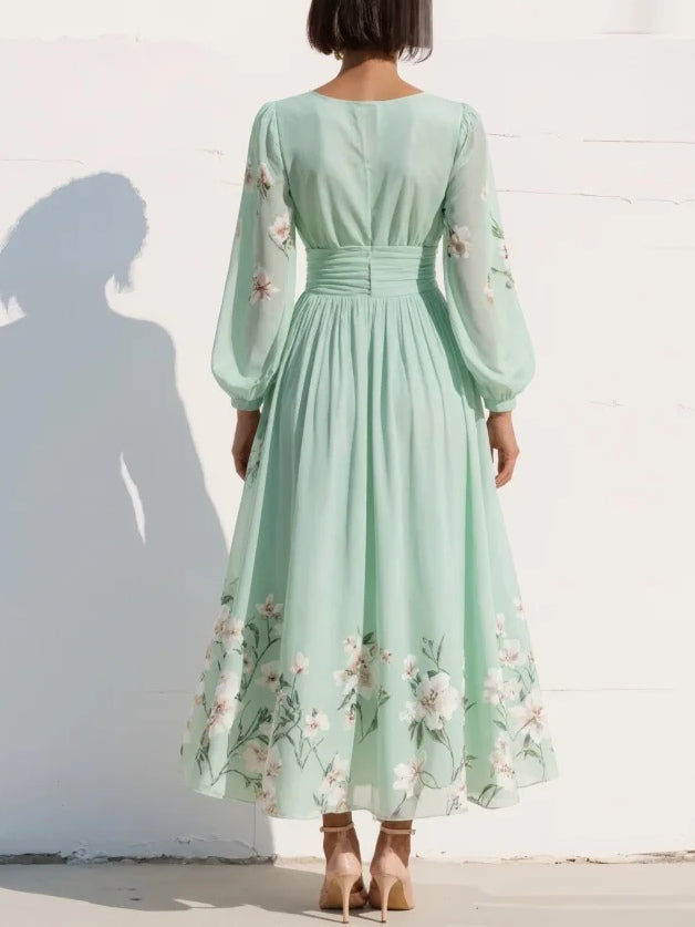 Floral Pleated V-Neck Long Sleeve Midi Wedding Guest Dress | Willow Collection 2