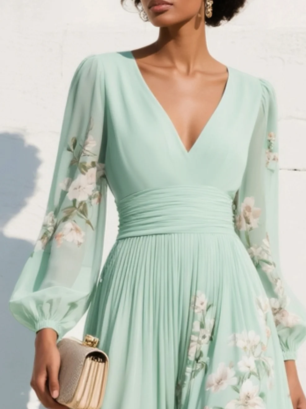 Floral Pleated V-Neck Long Sleeve Midi Wedding Guest Dress | Willow Collection 3