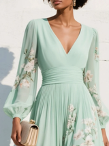 Floral Pleated V-Neck Long Sleeve Midi Wedding Guest Dress | Willow Collection 3
