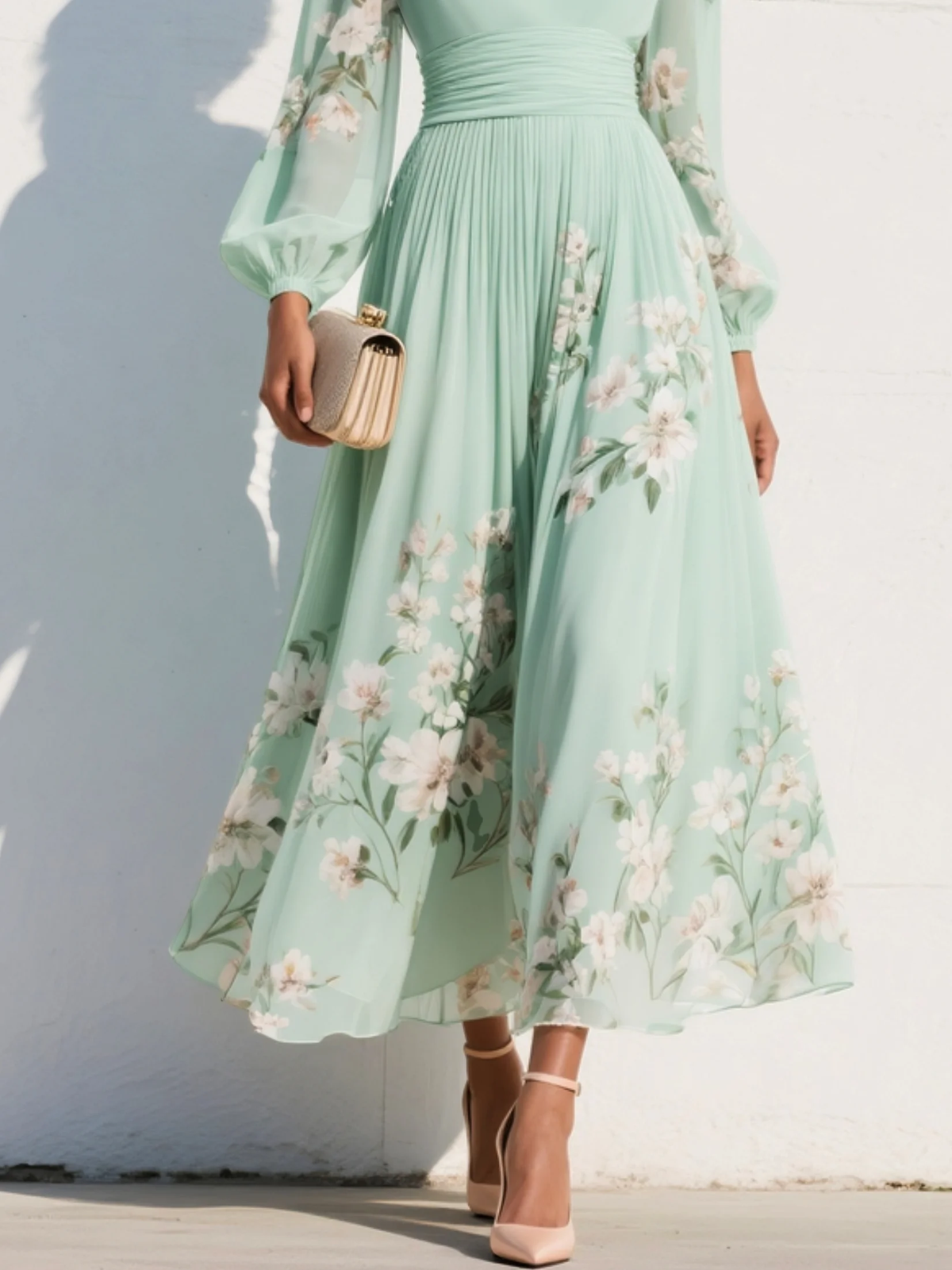 Floral Pleated V-Neck Long Sleeve Midi Wedding Guest Dress | Willow Collection 4