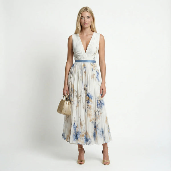 Floral Pleated V-Neck Sleeveless Maxi Dress | Serene Collection 0