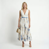 Floral Pleated V-Neck Sleeveless Maxi Dress | Serene Collection 0